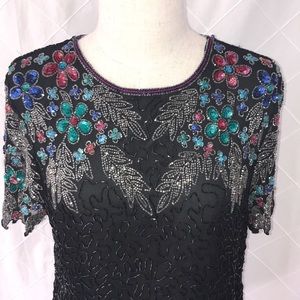 Vintage Flowers and Leaves Sequins Blouse .